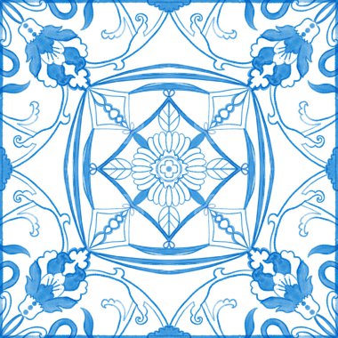 Azulejo fayans deseni, Portekiz İspanyol geleneksel İtalyan mozaiği, Akdeniz zarafeti mavi çizim el boyası