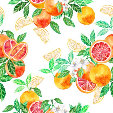 Web sayfaları, düğün davetiyeleri, tebrik kartları, kartpostallar, tekstil tasarımı, paket tasarımı, desenler, baskılar için suluboya el boyası Greyfurt ve çiçek yaprağı arka planı