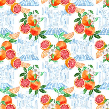 Mimari taslak Santorini kalem taslağı sanat eseri şehir ve greyfurt suluboya resimleme kusursuz tekrarlanmayan arkaplan