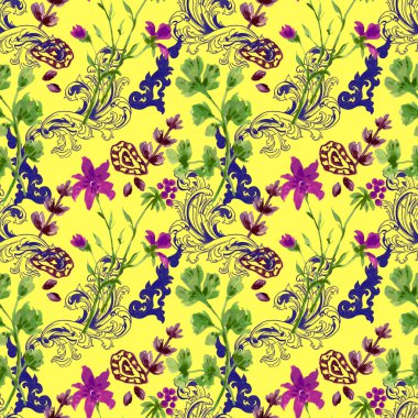 Suluboya gouache yabani tarla çiçekleri çiçek yaprakları ve rokoko viktorya barok el çizimi kusursuz desenli arkaplan