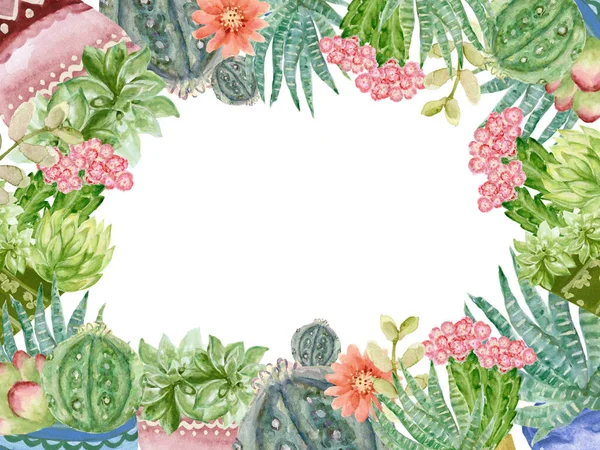 Hand Painted Watercolor Cactus Succulent Plants Bouquet Frame Banner Invitation — Stock Photo, Image