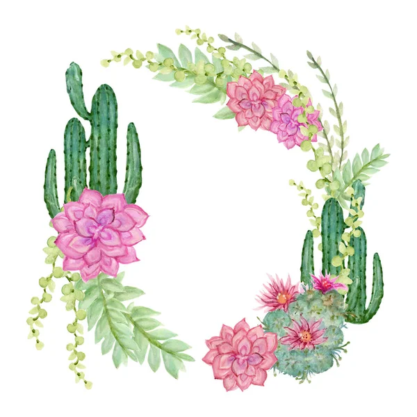 Kézzel Festett Akvarell Kaktusz Zamatos Növények Koszorú Keret Banner Meghívó — Stock Fotó