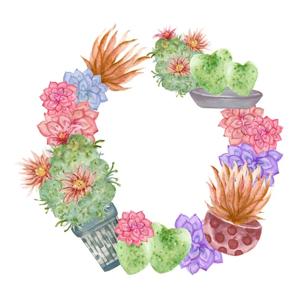 Aquarelle Peinte Main Cactus Plantes Succulentes Couronne Cadre Bannière Invitation — Photo