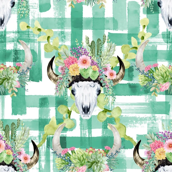 Bright Seamless pattern with plant desert cactus, succulent, skull bull,horns Boho watercolor background.Perfect for wedding,invitation,template card,wallpaper,print and boho style