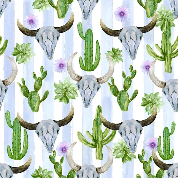 Kaktüs, sulu kafatası, boynuz, ekose suluboya arka planlı parlak, pürüzsüz desen. Düğün için mükemmel, davetiye, şablon kartı, duvar kağıdı, baskı 