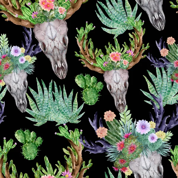 Acquerello Modello Senza Soluzione Continuità Con Piante Cactus Succulente Rami — Foto Stock