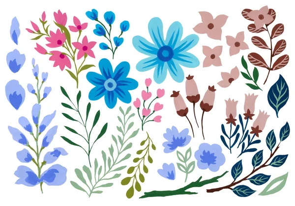 Letni Wiosenny Design Kwiaty Liście Ogród Botaniczny Akwarela Gwasz Ilustracja — Zdjęcie stockowe