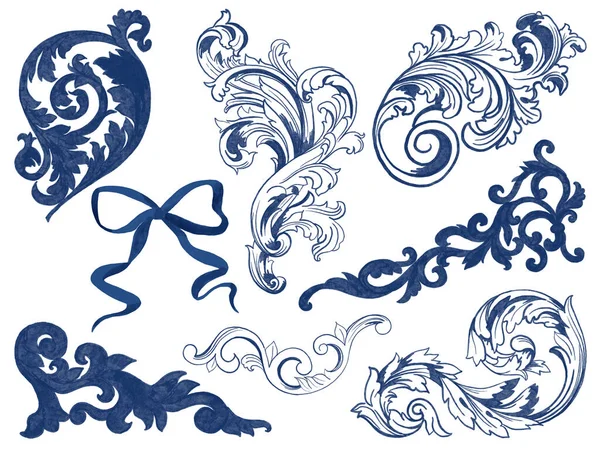 Квітковий Лист Стрічка Декоративний Стародавній Ретро Блакитний Флот Набір Елементів — стокове фото