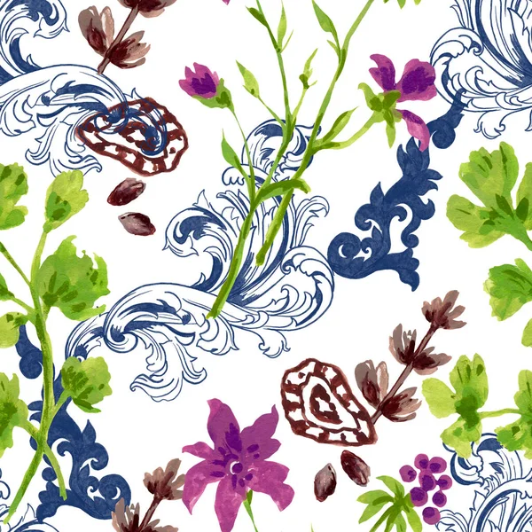 Aquarell Gouache Wildes Feld Blumen Gras Laub Und Rokoko Viktorianischen — Stockfoto