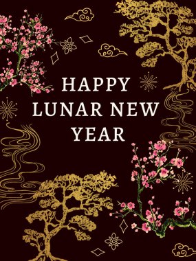 Erik çiçeği ve altın antika bitki Geleneksel Çin Ormanı Ağacı şablonu Mutlu bayramlar 