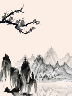 Çin, Kore ve Japonya 'dan esinlenerek el boyaması arkaplan desenli selamlama fırça, mürekkep, eski moda suluboya resimlerden esinlenildi