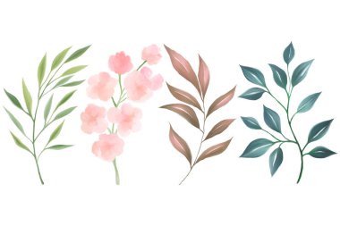 Suluboya gouache vahşi alan botabikal yaprak yaprakları düzenleme süsleme el çizim elementi beyaz arkaplanda izole