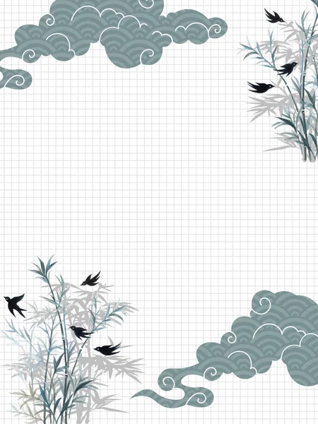 Cloud Bamboo Minimal Style Digital Clipart Black Ink Watercolor Template — Stock Photo, Image