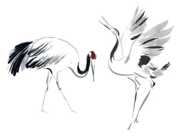 Japanese Bird Crane Black Red White Ink Watercolor Asian Style — Stock Photo, Image