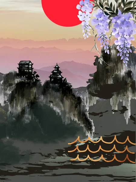 Hand painting wisteria flower bouquet red sun mountain temple inspired by china Korea and Japan splash brush ink oriental retro vintage watercolor illustration for greeting card