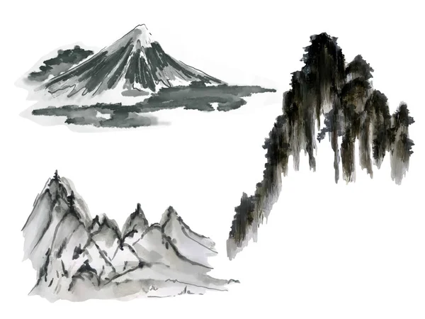 Fuji Hegyek Fekete Fehér Tinta Akvarell Ázsiai Stílus Hagyományos Keleti — Stock Fotó