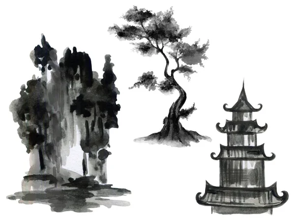 Drzewo Góry Pałac Czarno Biały Atrament Akwarela Styl Azjatycki Tradycyjne — Zdjęcie stockowe