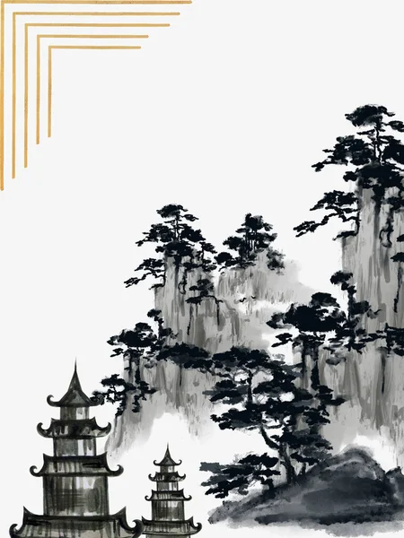 Çin, Kore ve Japonya 'dan esinlenerek el boyaması arkaplan desenli selamlama fırça, mürekkep, eski moda suluboya resimlerden esinlenildi
