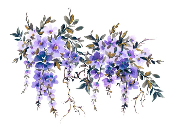 Wisteria blue purple and gold leaves watercolor painting. Hand drawn on white background Illustration for various tasks such as greeting cards, love card. birthday cards or different print
