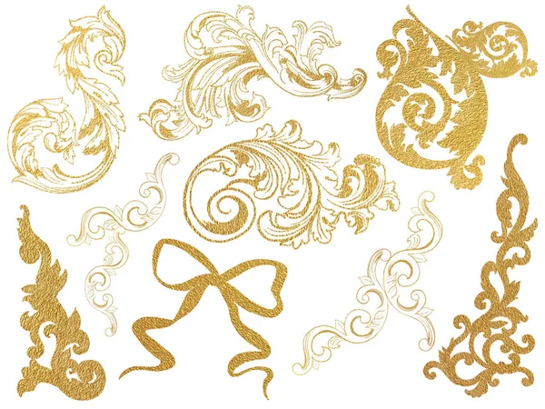 Zlatý Květinový List Botanický Zlatý Rokokový Jacobean Viktoriánský Prvek — Stock fotografie