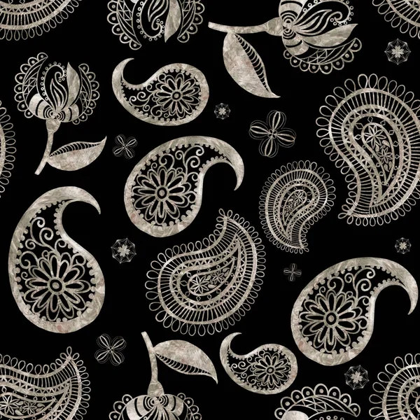 Mandala Bandana Desenli Desenli Siyah Arka Planda Metalik Beyaz Kumaş — Stok fotoğraf