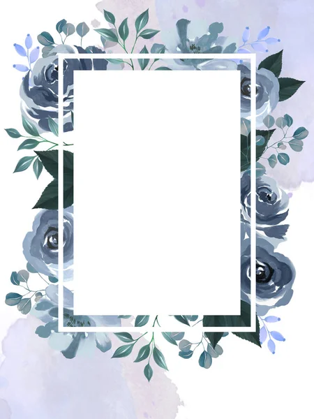 Aquarelle Bleu Marine Indigo Vert Profond Illustration Cadre Invitation Botanique — Photo