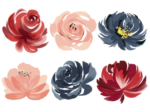 Acuarela Botánica Rosa Peonías Flor Follaje Hojas Acuarela Para Boda —  Fotos de Stock
