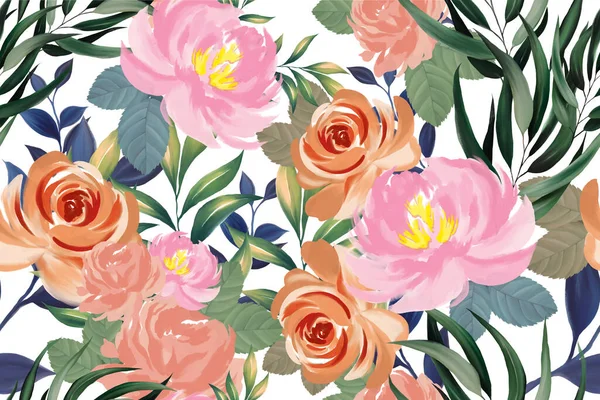 Gyönyörű Botanikus Virágzó Virágok Bazsarózsa Rózsa Lombozat Levelek Zökkenőmentes Minta — Stock Fotó