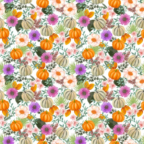 Piękny Bukiet Jesień Dynia Squash Kwitnące Dzikie Kwiaty Liście Jagody — Zdjęcie stockowe