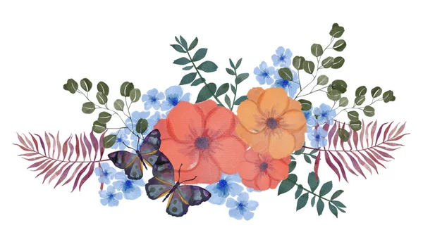 분홍빛 소장품 나비와 복숭아 오렌지색푸른 꽃다발 페인트를 나타낸다 — 스톡 사진