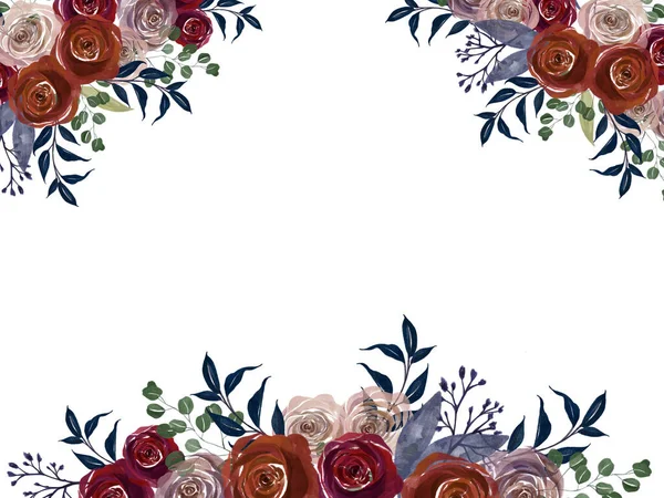Akvarell Illusztráció Botanikus Rózsa Bazsarózsa Lombozat Levél Keret Meghívó Címke — Stock Fotó