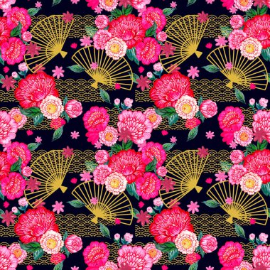 Kusursuz bahar Japon desenini klasik retro çiçekli motif pembe ve altın elementlerle tekrarla