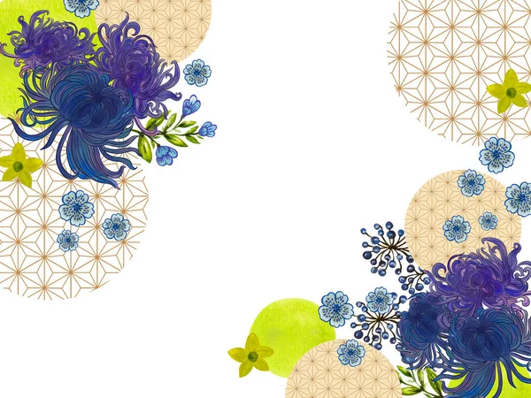 抽象的な手描き花花束オリエンタル菊梅と桃の花アートの背景 青い色のストックイラスト花輪グリーティング招待カード — ストック写真