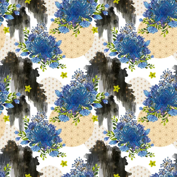 Crisantemo Japonés Color Azul Flor Salvaje Con Rock Seamless Pattern —  Fotos de Stock