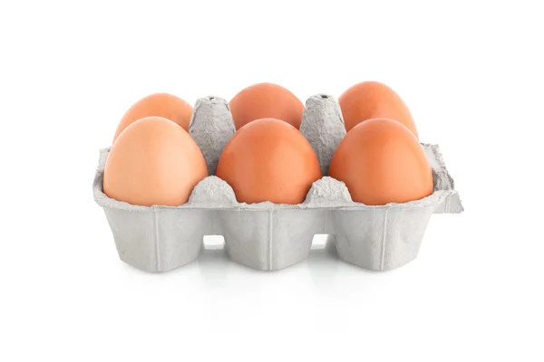 Seis huevos en caja de cartón — Foto de Stock