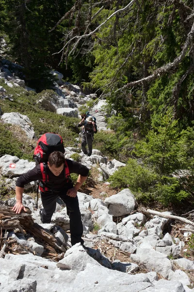 Escursioni degli alpinisti in cima alla montagna — Foto Stock