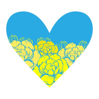 Ukrayna bayrağı renginde çiçek kalp. Kalbin Ukrayna bayrağı renginde dizilmiş sevimli çiçekleri..