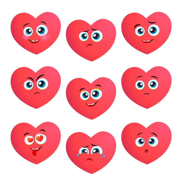 Funny cartoon heart character emotions set, vector icons, isolated on white.