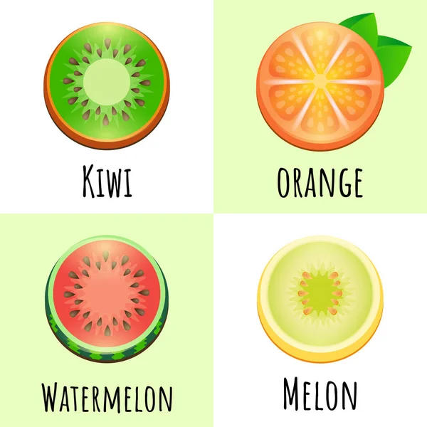 Stylised Set Flat Sliced Fruit Icons Half Fruits Circle Icons — Stockvector