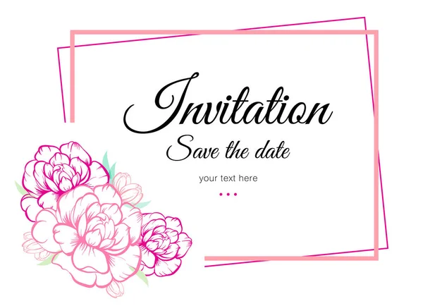 Tolle Vorlage Für Hochzeitseinladungskarte Rosafarbene Pfingstrosen Umrahmen Den Rahmen Mit — Stockvektor