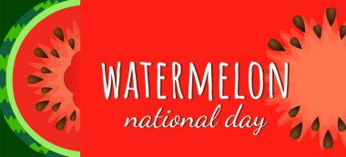 Kırmızı arka planda karpuz karpuzu olan yaz indirimi arka planı. Vektör arkaplanı.