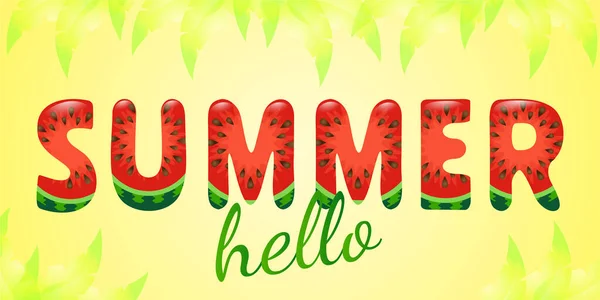 Watermelon Summer Bright Text Hello Summer 재밌는 문자네요 노란색 배경의 — 스톡 벡터