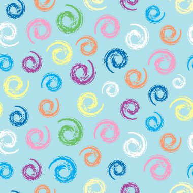 Pastel renkli el sarmal helix daireler desen çizimi. Çocuğun çiziminin çok renkli gibi komik öğeleri yuvarlak. Balmumu, pastel tebeşir veya kalem sorunsuz vektör çocuksu pastel renk arka plan.