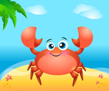 Vektör illüstrasyon deniz hayvanları. Sahilde kırmızı yengeç resmi, vektör kırmızı yengeç. Deniz sahili. Kumsalda dinlen..