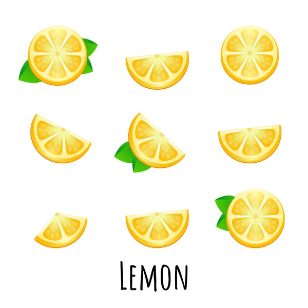 Set Juicy Yellow Whole Lemon Slices Lemon Isolated White Background — Vector de stock