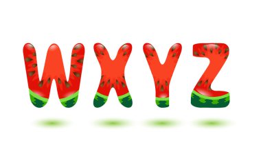 Alphabet. Letters W, X, Y, Z made of watermelon. Cartoon fruit alphabet. Summer design element. Stock vector illustration isolated on white background. Part 6.
