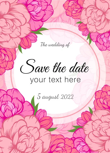 Vector Wedding Invitations Pink Peony Rose Tulip Flowers Pink Background — Stockvektor