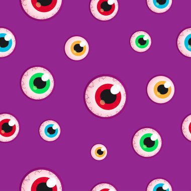 Creepy Cute Halloween Design. Halloween Eyeballs Purple Pattern. Eyeball Seamless Pattern On Purple Background.
