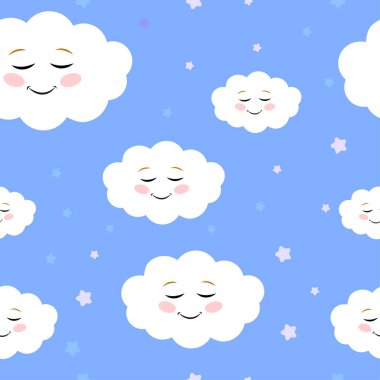 Blue sky vector pattern with smiling clouds. Cute sky seamless design on a blue background.