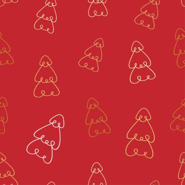 Kırmızı arka planda köknar ağaçları olan kusursuz bir Noel deseni. İskandinav tarzı. Tatil davetiyeleri, kış tebrik kartları, duvar kağıtları ve hediye kağıtları için mükemmel.